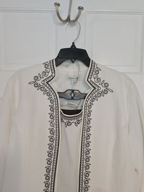 Coldwater Creek Cream  Embroidered Jacket with Brown Trim Matching Top /pants